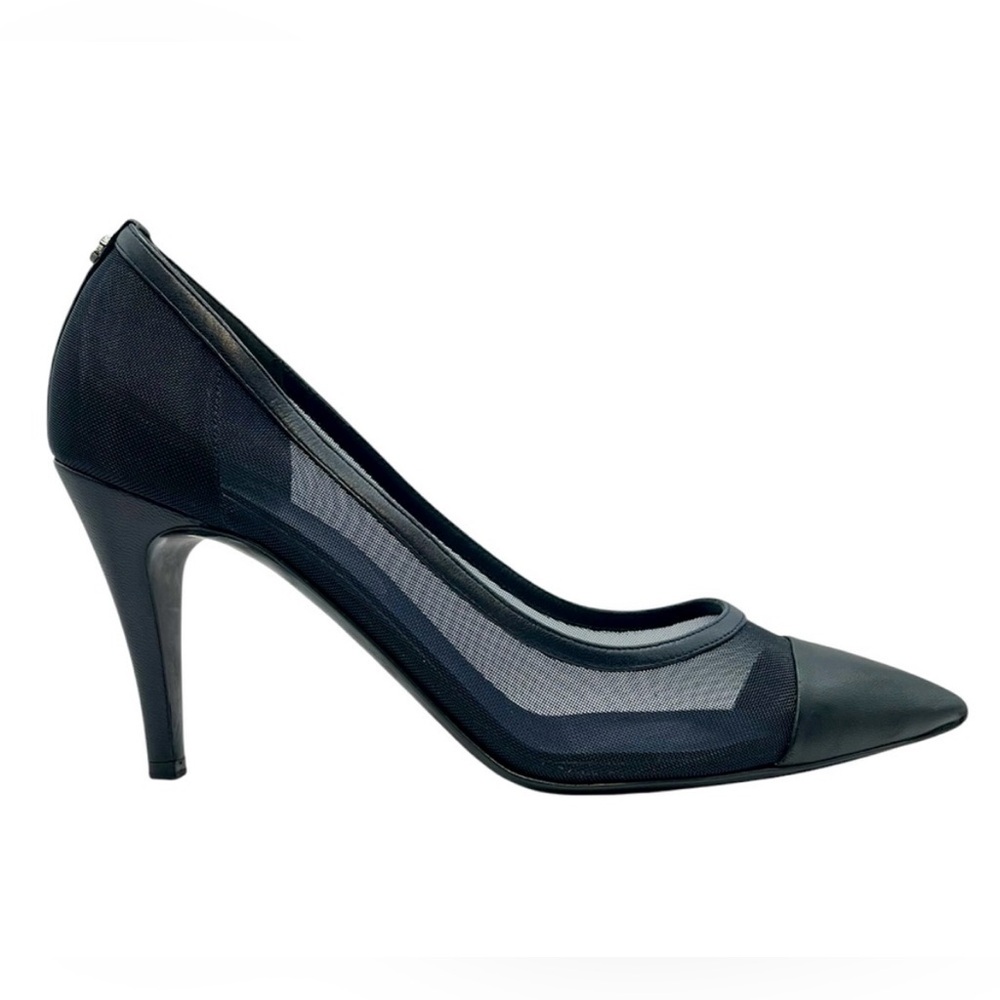 CHANEL Mesh Cap Toe Pumps 39.5 Navy CC Logo Heels Cruise 2014 Karl Lagerfeld - Picture 5 of 15